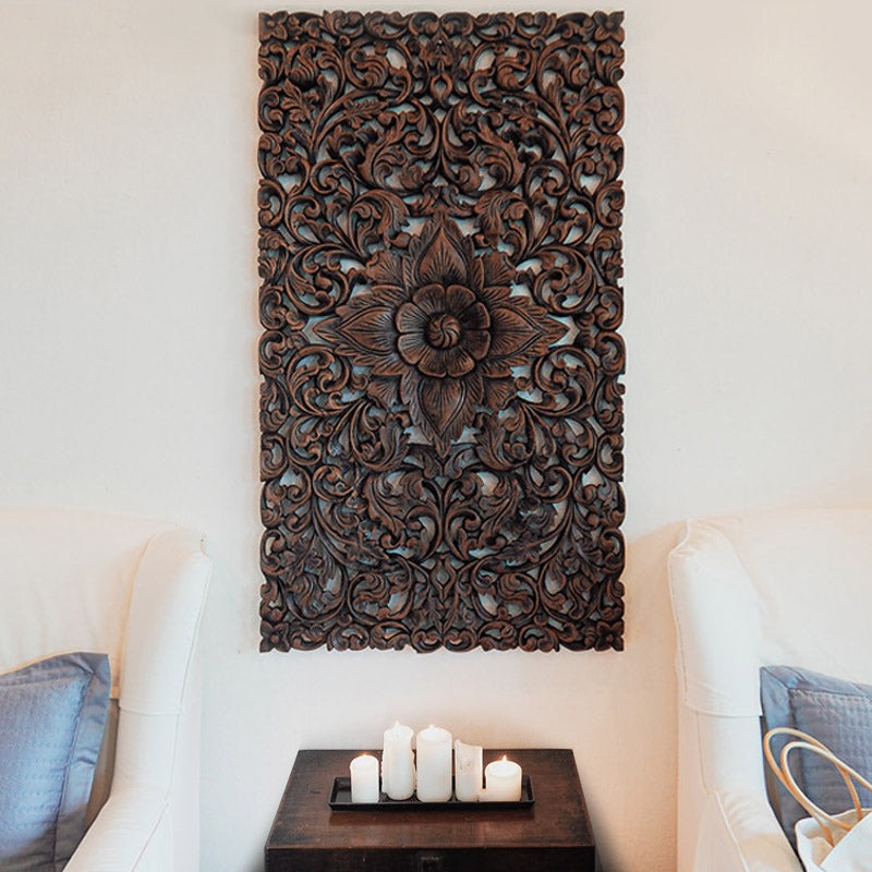 "Close-up of carved wood panel details showing mandala-inspired wood wall carving design"