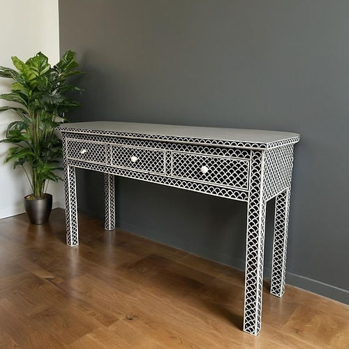 "Elegant console table with drawers, ideal for living room or entryway storage."