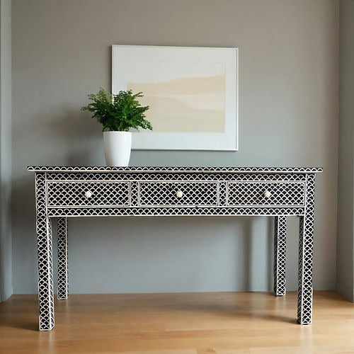 "Beautiful wooden console table adding warmth and charm to a rustic home décor."