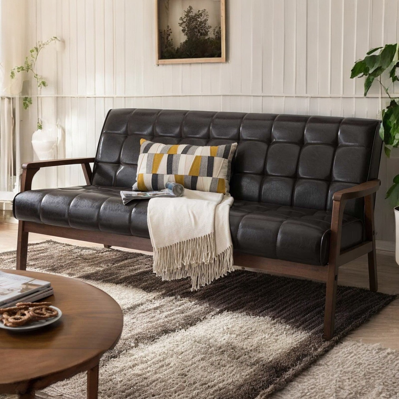 Wooden Black Leather Sofa |black couch sofa|black leather|black leathe