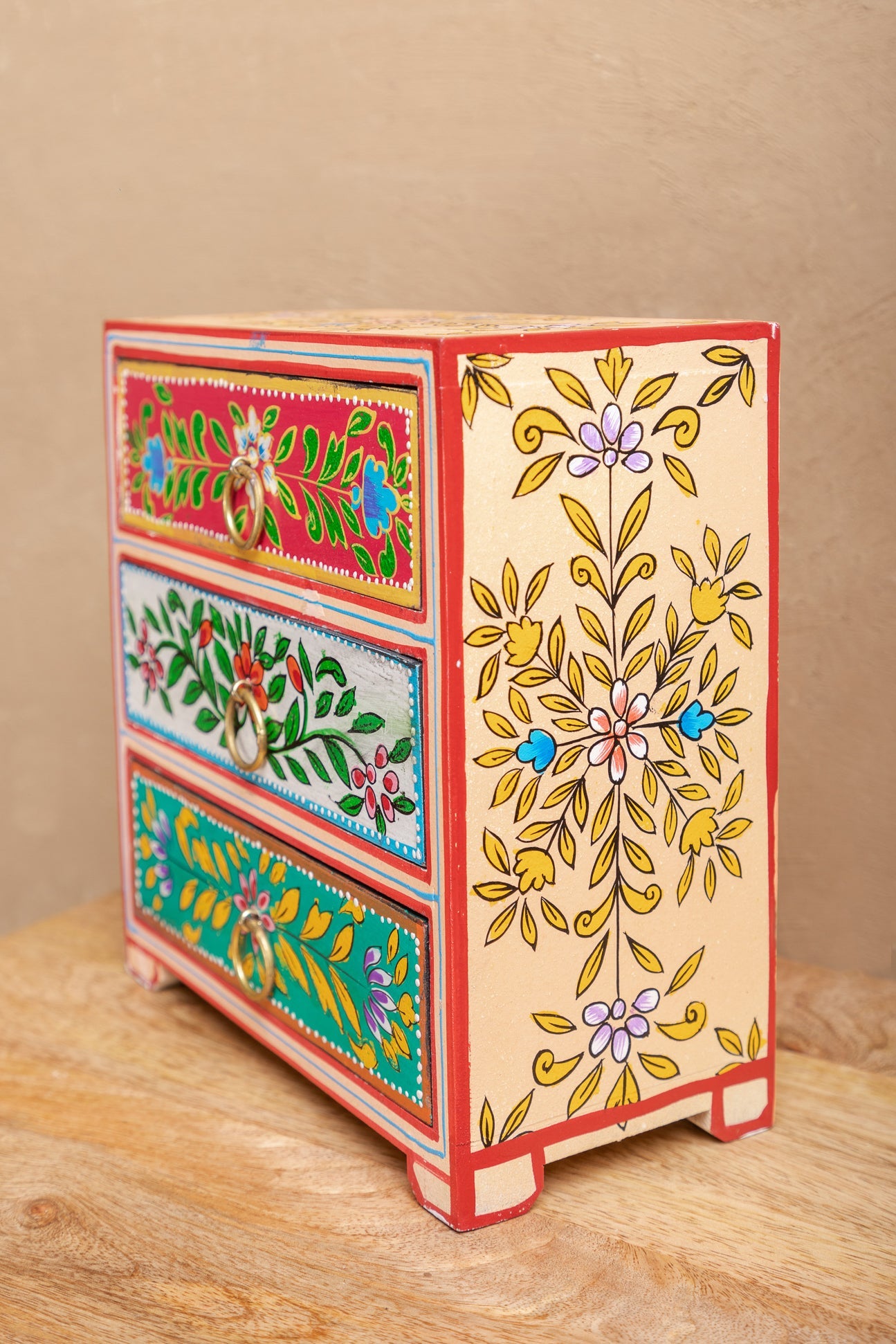 Traditional Floral Hand Painted Wooden Chest with 3 Drawers - Timeless Elegance and Functional Storage