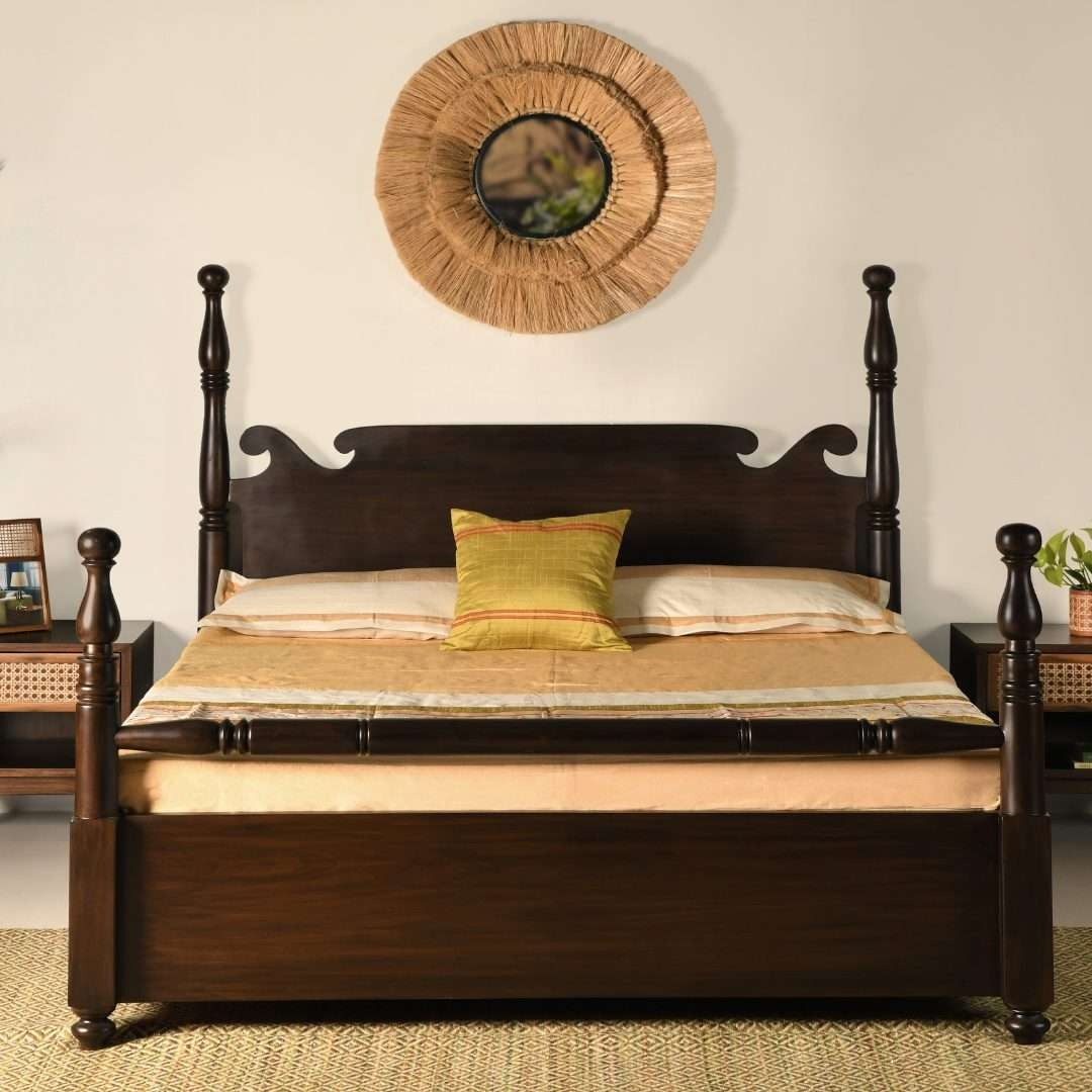 Heritage Elegance Antique Four-Poster Bed with Storage | Dark Walnut Queen Size