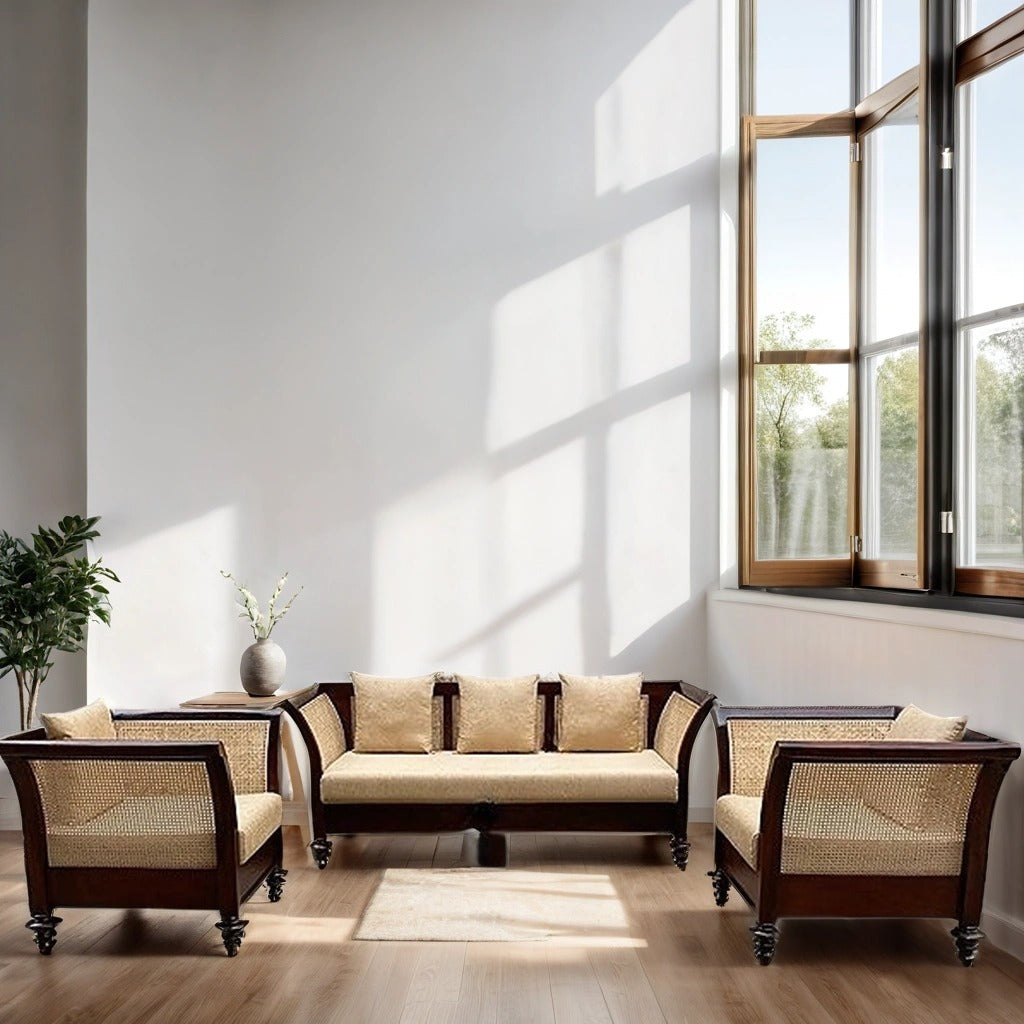 MID CENTURY DESIGNER WOODEN RATTAN CANE SOFA WITH CUSHION - MAKE YOUR COMBINATION !