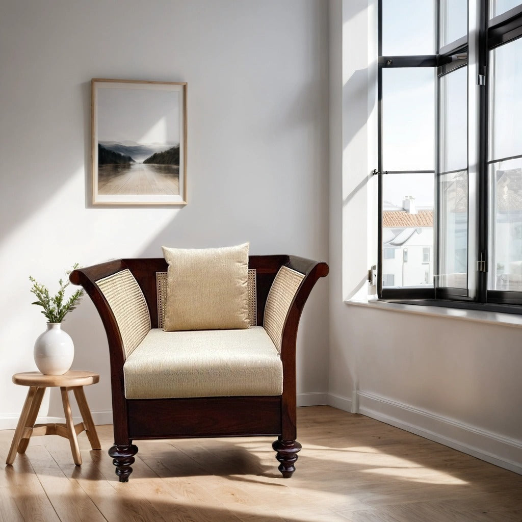 MID CENTURY DESIGNER WOODEN RATTAN CANE SOFA WITH CUSHION - MAKE YOUR COMBINATION !