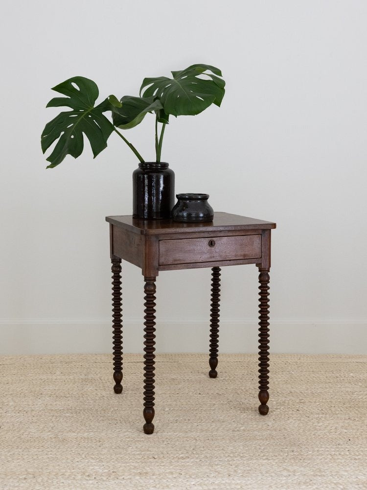 Antique Spool Leg Side Table with Drawer