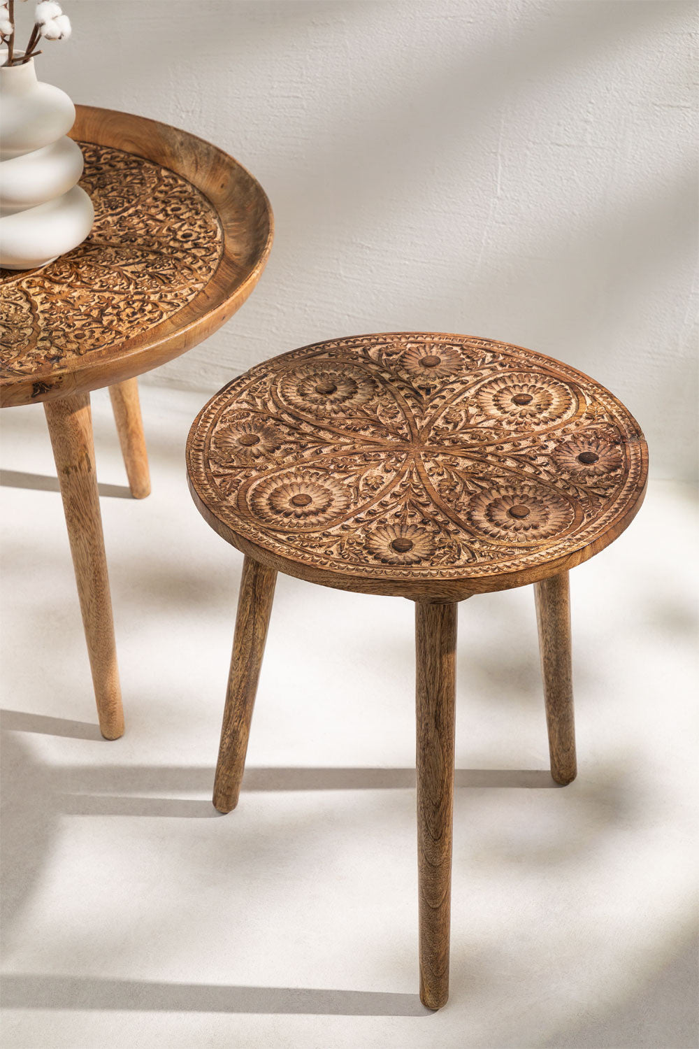 Handmade Nature's Elegance: Handcrafted Round Mango Wood Side Table - A Timeless Accent for Your Home