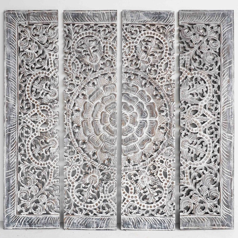 "Handmade mango wood floral mandala headboard wall art"
