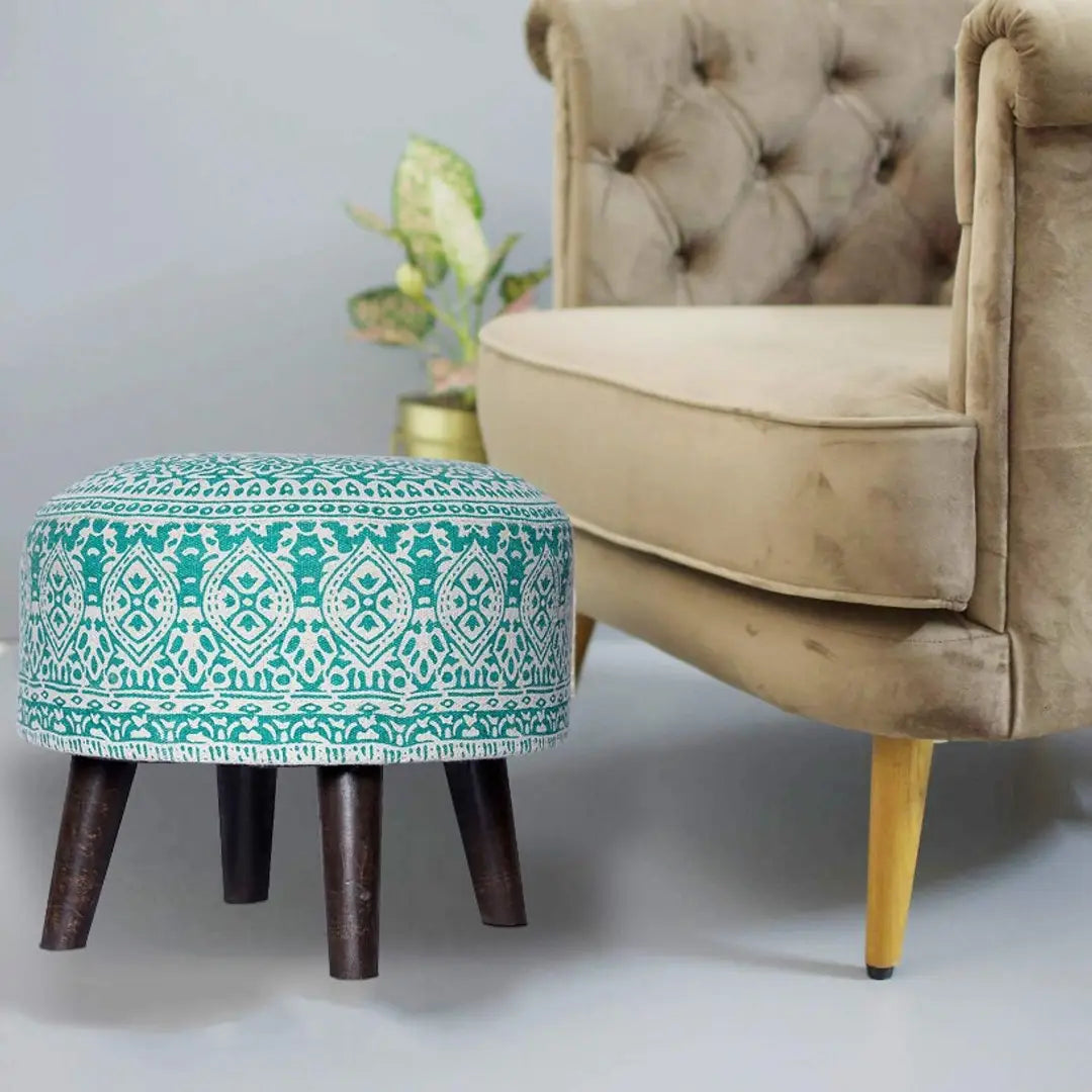 Stool for Living Room sitting printed ottoman upholstered foam cushioned pouffe puffy for foot rest home furniture with 4 wooden leg