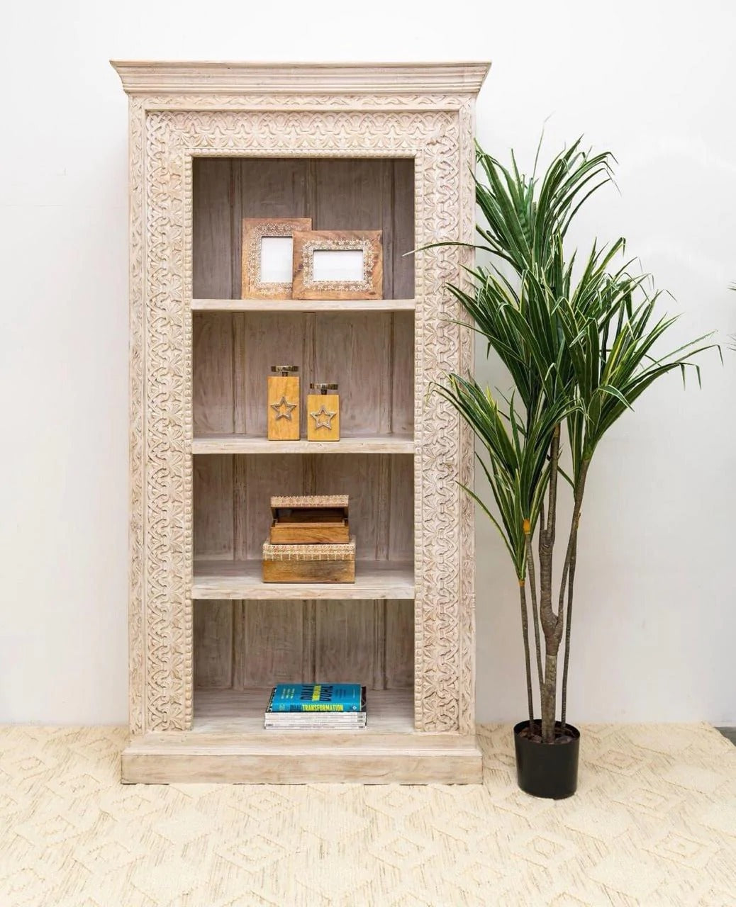 Hand Carved Wooden Bookshelf - J.L.HOME DECOR