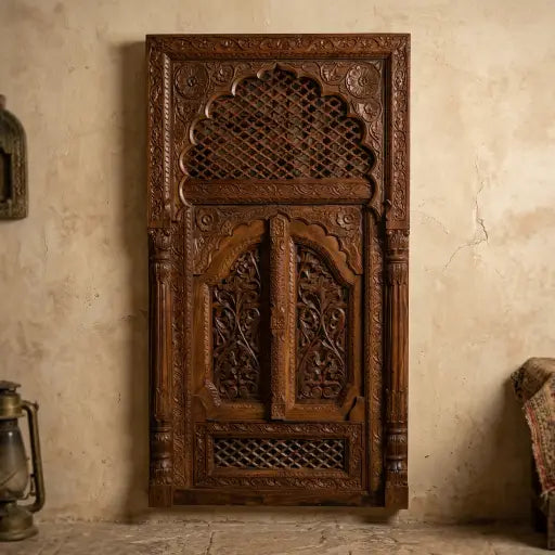 Antique Carved Wooden Door with Jali Arch Window | 84 x 150 cm | Solid Mango Wood