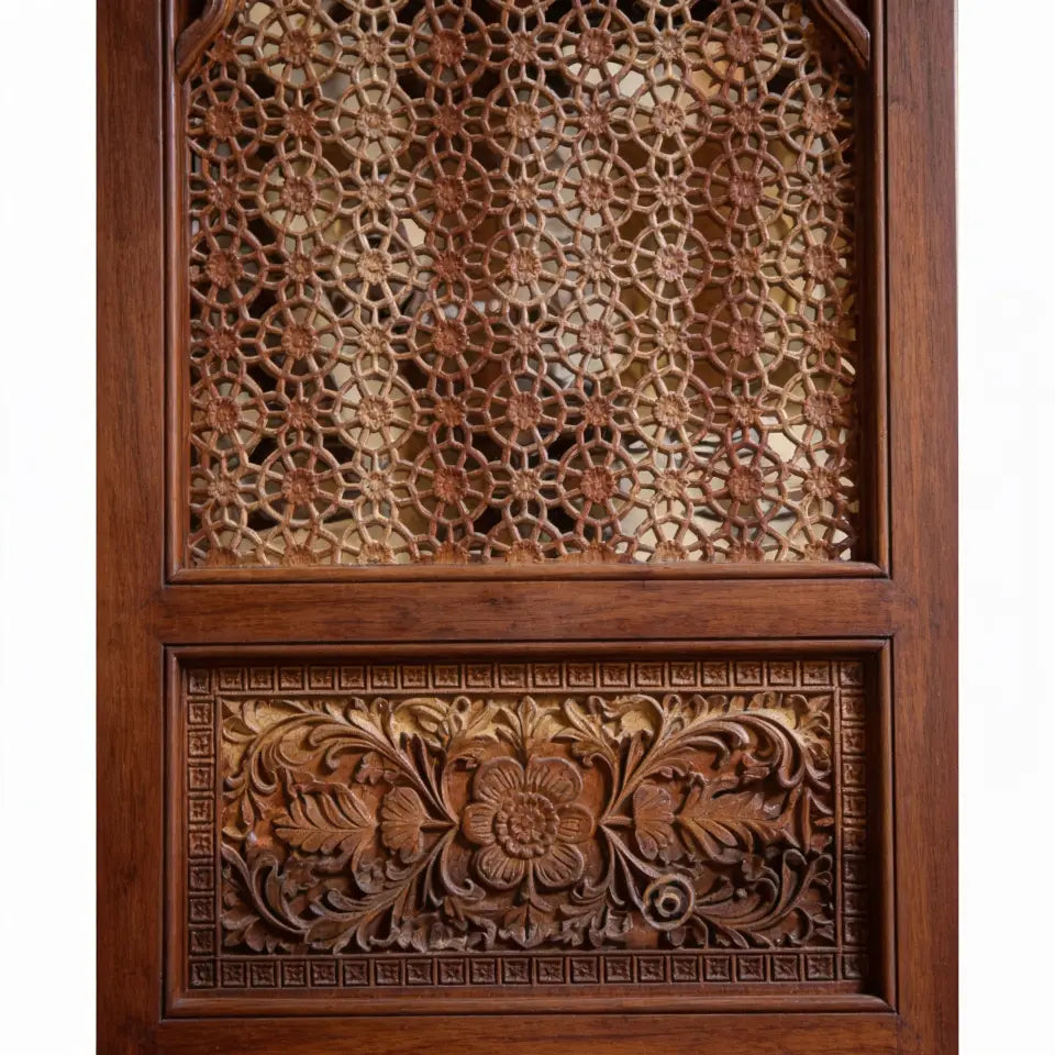 Hand Carved Wooden Jali Wall Panel | Wood Wall Decor – Arched Mihrab Design with Floral Carving