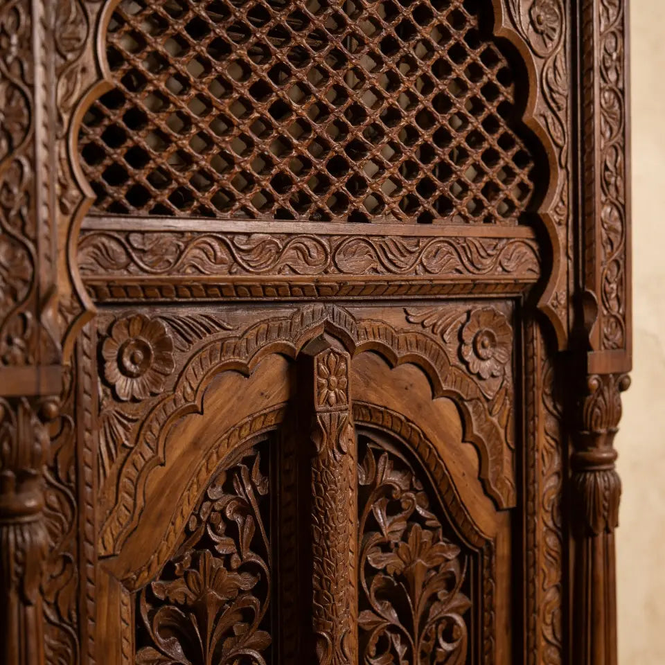 Antique Carved Wooden Door with Jali Arch Window | 84 x 150 cm | Solid Mango Wood