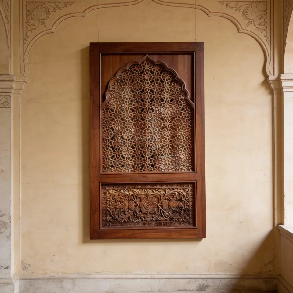 Hand Carved Wooden Jali Wall Panel | Wood Wall Decor – Arched Mihrab Design with Floral Carving