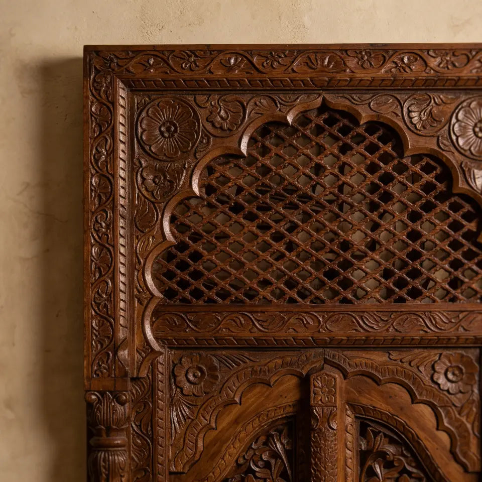 Antique Carved Wooden Door with Jali Arch Window | 84 x 150 cm | Solid Mango Wood