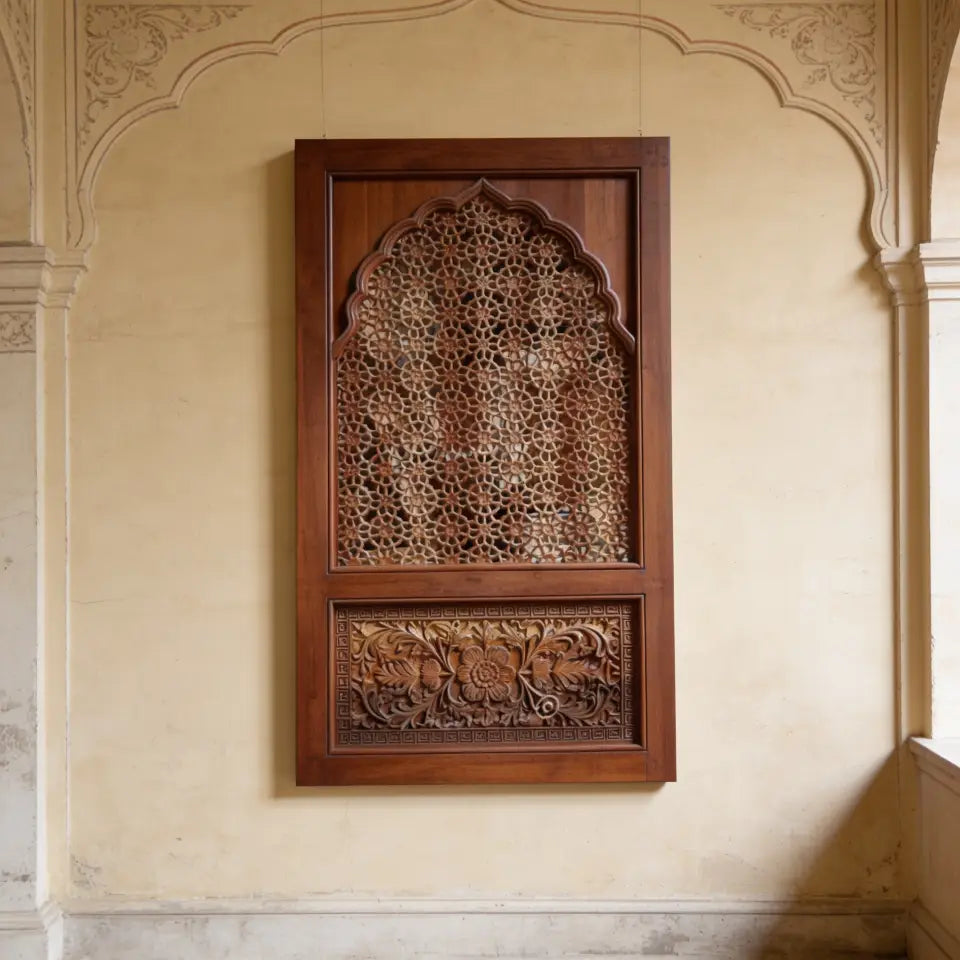 Hand Carved Wooden Jali Wall Panel | Wood Wall Decor – Arched Mihrab Design with Floral Carving