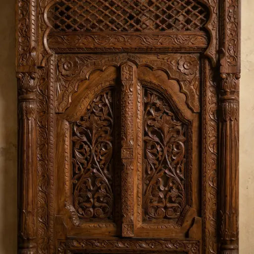 Antique Carved Wooden Door with Jali Arch Window | 84 x 150 cm | Solid Mango Wood