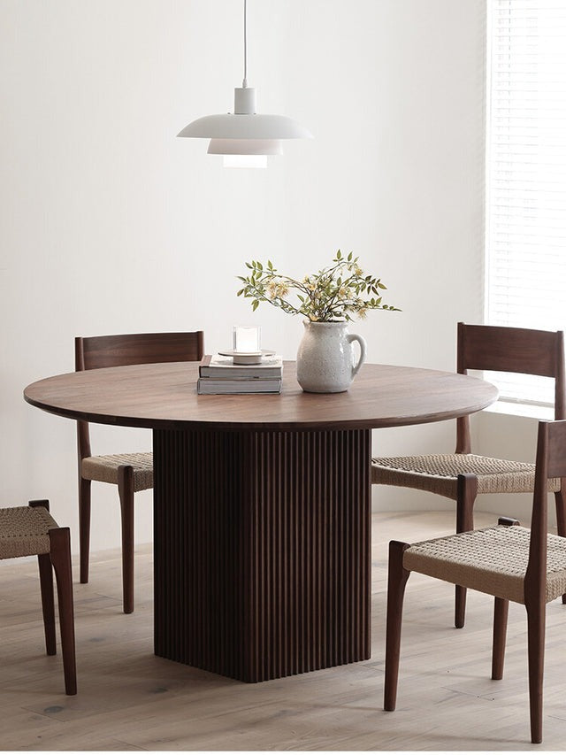 Round Top Square Leg Walnut Dining Table & Chairround dining table | wooden dining table | small dining table | dining wooden chair | wooden chair | dining table chairs | dining table.