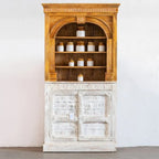 hand carved crockery unit, mango wood crockery unit, china cabinet, two tone cabinet, hutch cabinet, display cabinet, arched hutch, dining room cabinet, kitchen cabinet, crockery storage, scroll carved cabinet, whitewashed cabinet, natural timber cabinet, tall cabinet, handmade crockery unit, artisan made cabinet, premium wood furniture, quality wood furniture, durable crockery unit, sturdy cabinet, timeless crockery unit, elegant cabinet, statement crockery unit, grand cabinet, heirloom cabinet, traditiona