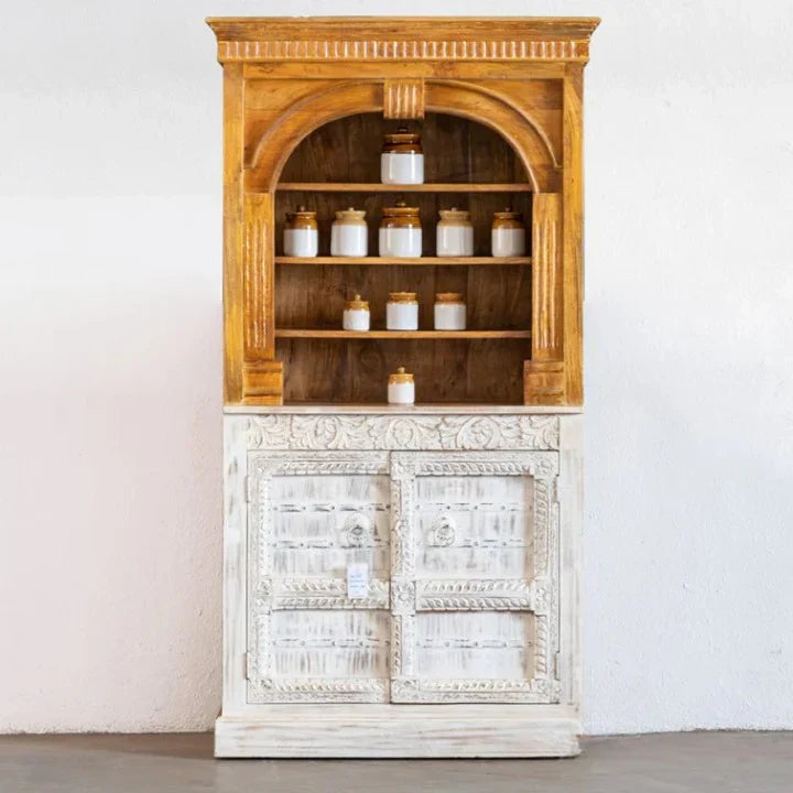 hand carved crockery unit, mango wood crockery unit, china cabinet, two tone cabinet, hutch cabinet, display cabinet, arched hutch, dining room cabinet, kitchen cabinet, crockery storage, scroll carved cabinet, whitewashed cabinet, natural timber cabinet, tall cabinet, handmade crockery unit, artisan made cabinet, premium wood furniture, quality wood furniture, durable crockery unit, sturdy cabinet, timeless crockery unit, elegant cabinet, statement crockery unit, grand cabinet, heirloom cabinet, traditiona