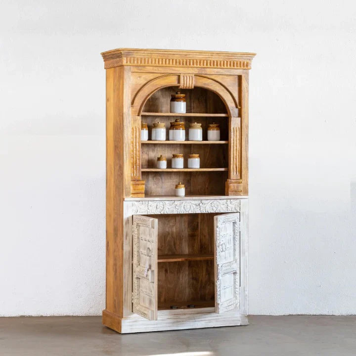hand carved crockery unit, mango wood crockery unit, china cabinet, two tone cabinet, hutch cabinet, display cabinet, arched hutch, dining room cabinet, kitchen cabinet, crockery storage, scroll carved cabinet, whitewashed cabinet, natural timber cabinet, tall cabinet, handmade crockery unit, artisan made cabinet, premium wood furniture, quality wood furniture, durable crockery unit, sturdy cabinet, timeless crockery unit, elegant cabinet, statement crockery unit, grand cabinet, heirloom cabinet, traditiona