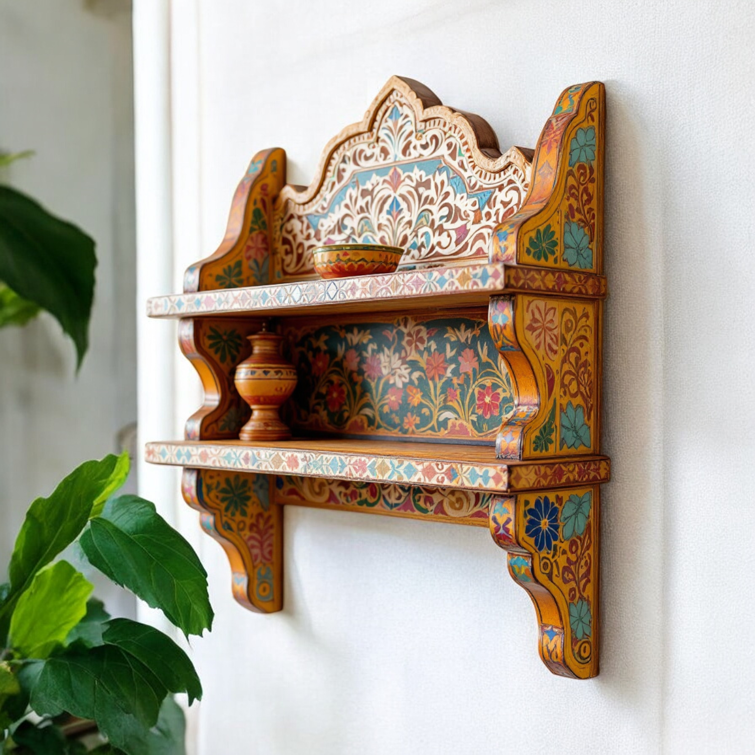 Hand-Painted Wooden Wall Shelf Unit - Decorative Wall Mounted Shelves for Living Room & Bedroom