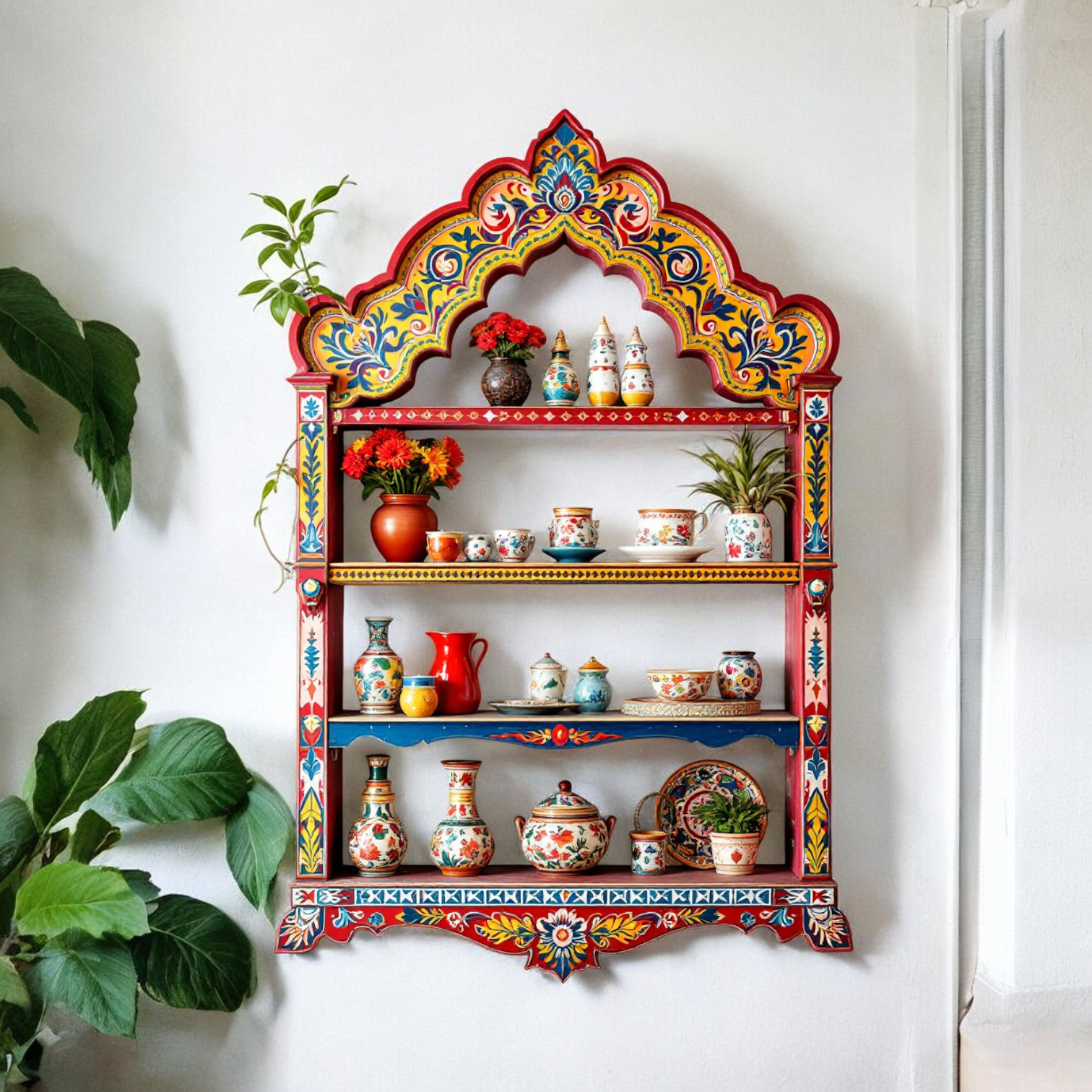 Large hand-painted Jharokha wooden wall shelf unit with multiple shelves, displaying decorative items in a living room.