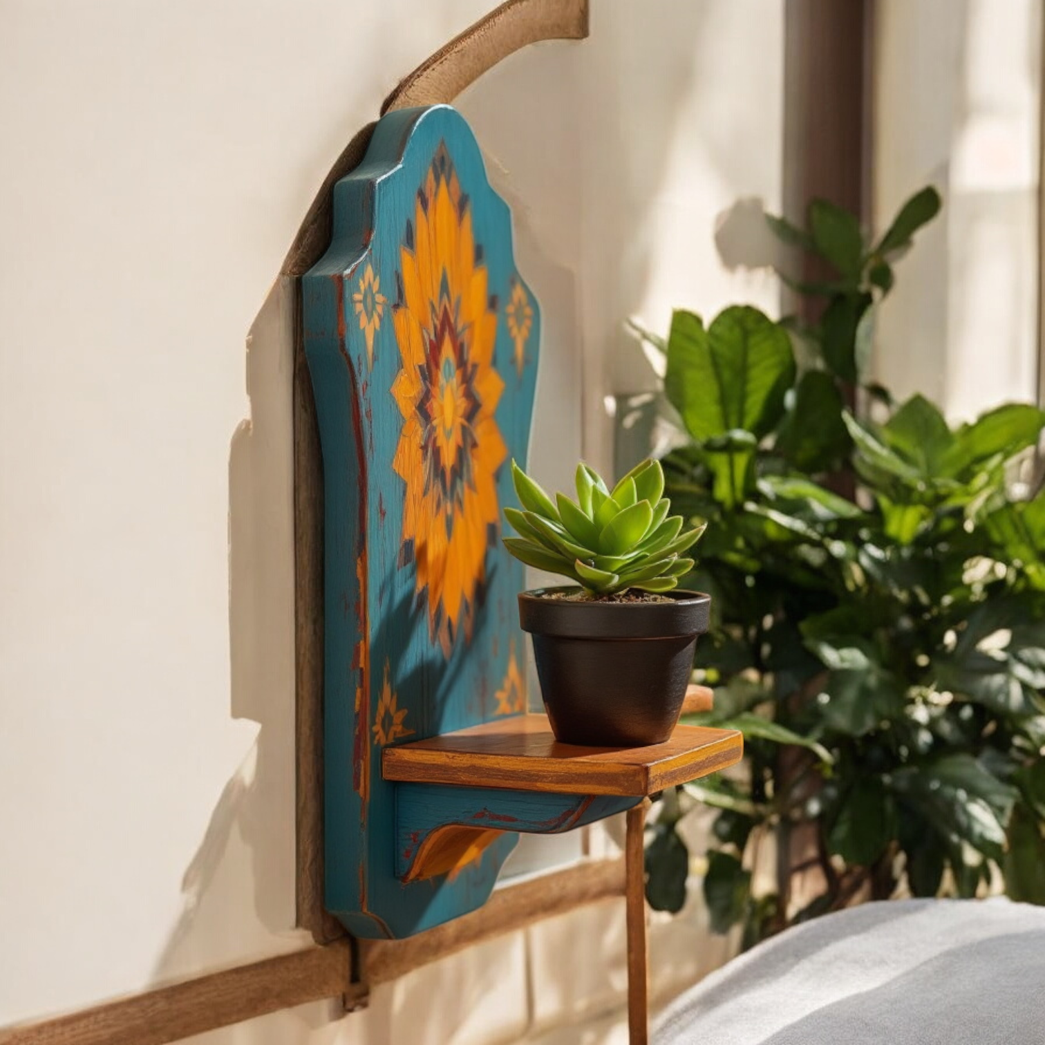 Hand-painted teal wooden wall shelf with a unique floral design and wood shelf, mounted on a textured wall.