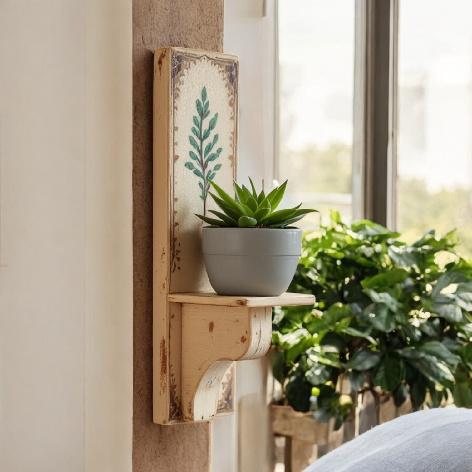 Rustic wooden wall shelf with hand-painted leaf design, mounted on a textured wall with a potted plant.