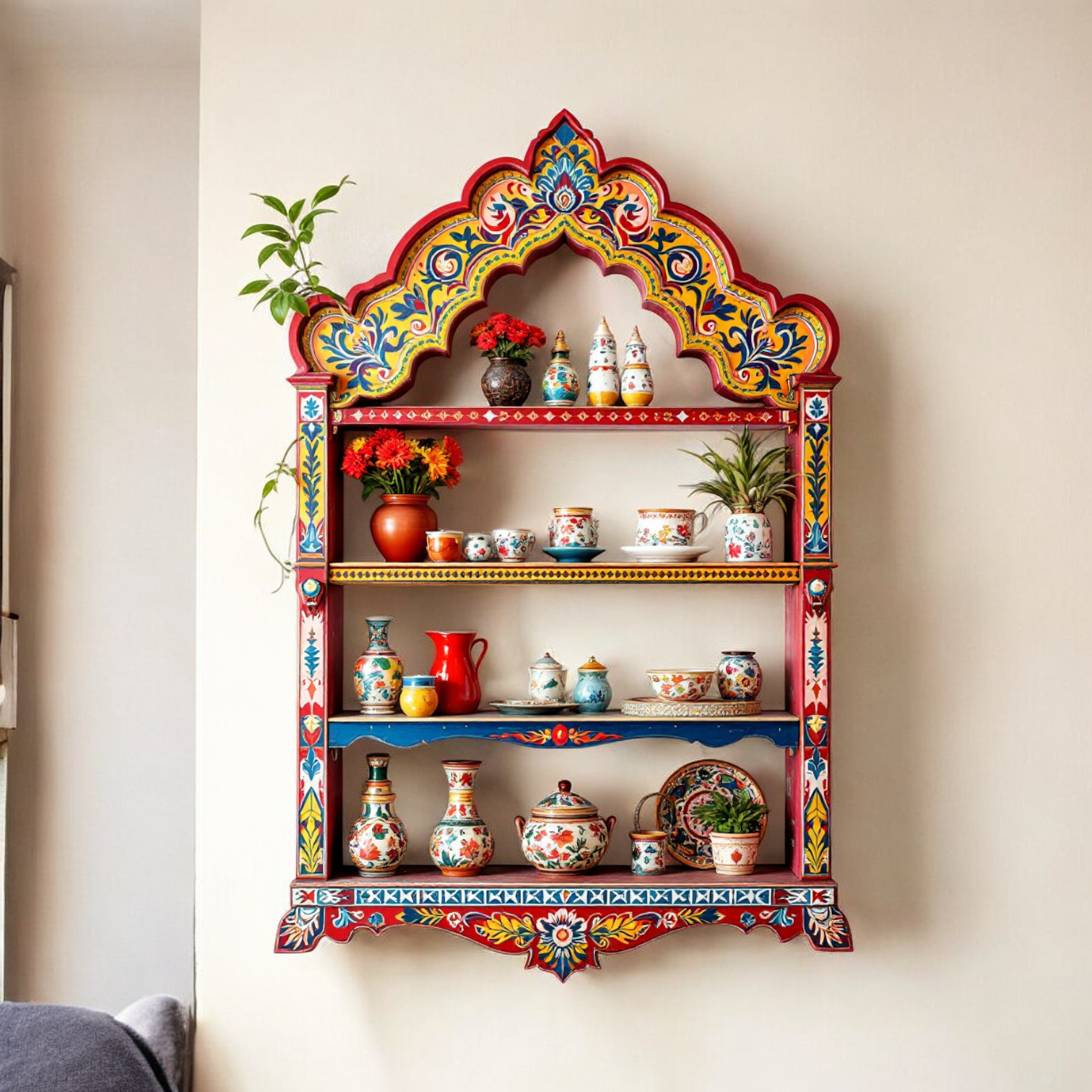 "Close-up of the hand-painted details on the Jharokha wall shelf unit, showing the intricate patterns and vibrant colors."

