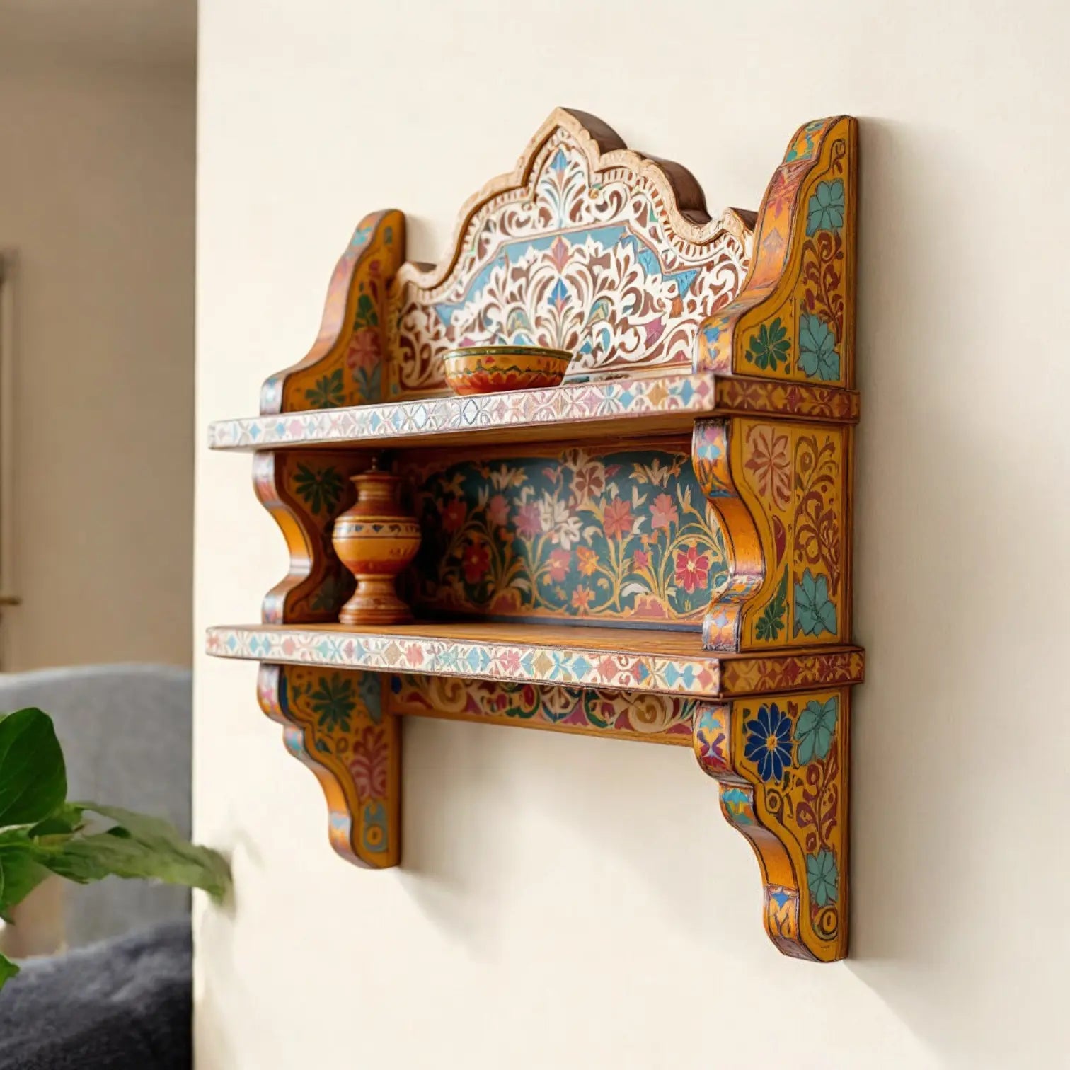 Hand-Painted Wooden Wall Shelf Unit - Decorative Wall Mounted Shelves for Living Room & Bedroom Wall Shelf  corner wall shelf​ jlhomedecor2021.myshopify.com