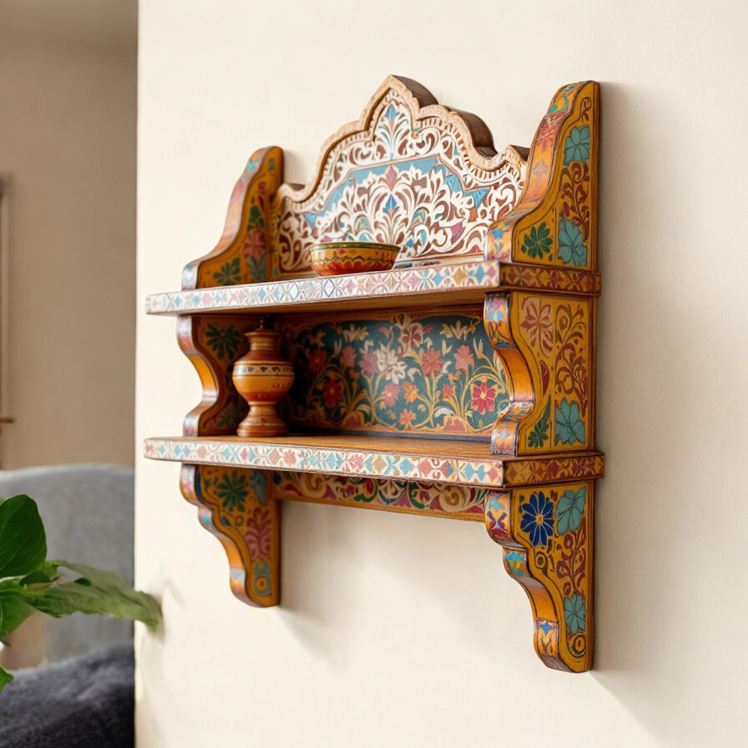 Hand-Painted Wooden Wall Shelf Unit - Decorative Wall Mounted Shelves for Living Room & Bedroom
