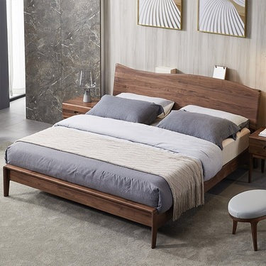 Walnut Wood Platform Bed Frame, Wave Design Black Walnut Wood Bed