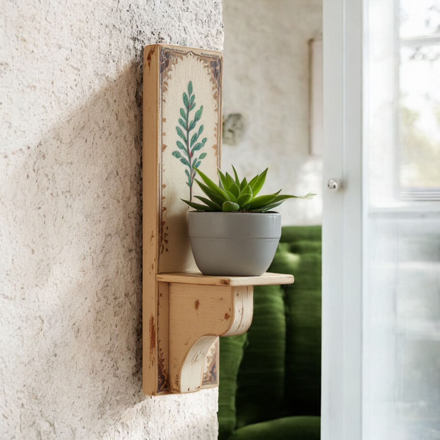 Close-up of the hand-painted leaf detail on the rustic wooden wall shelf.