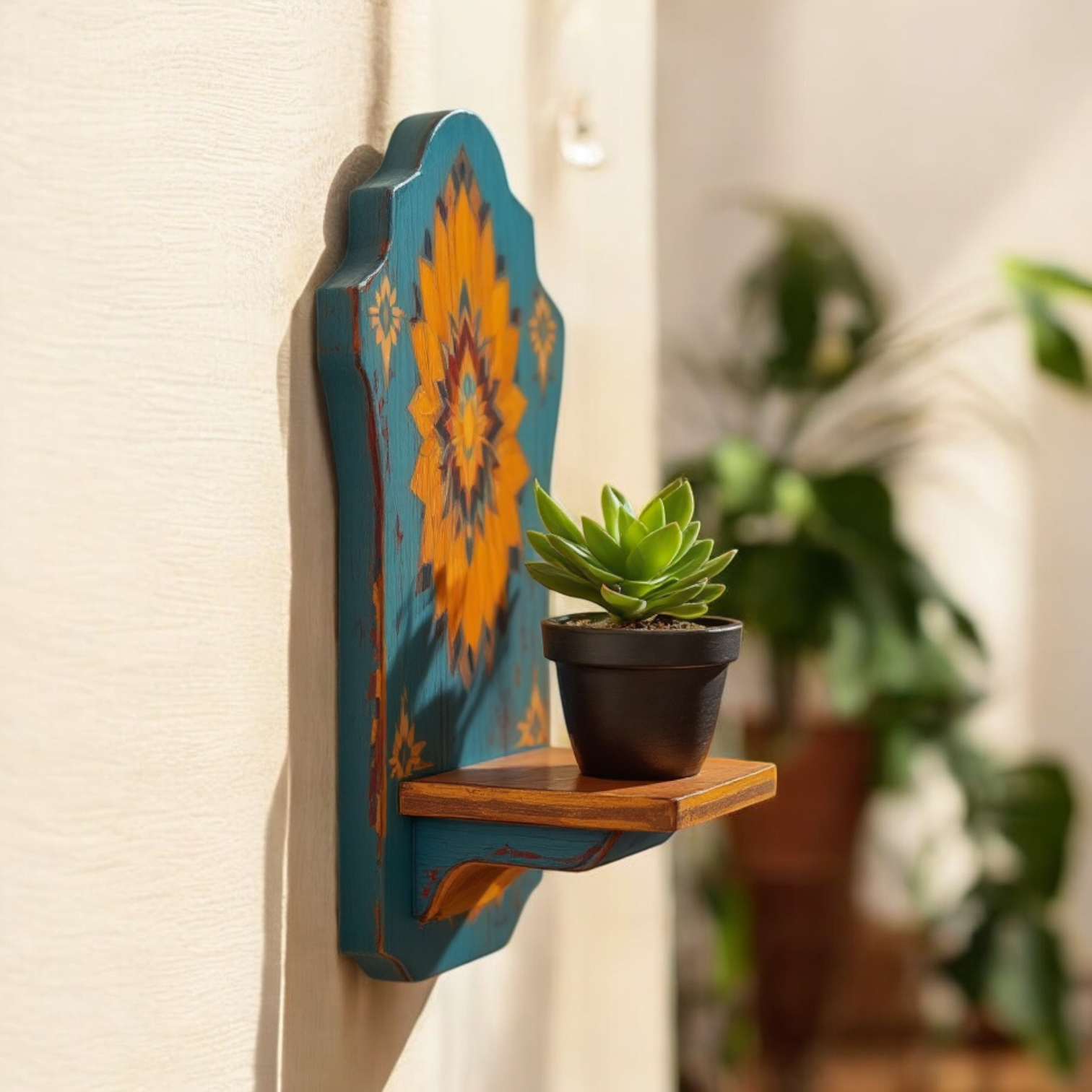Close-up of the hand-painted details on the teal wooden wall shelf, showcasing the intricate patterns.