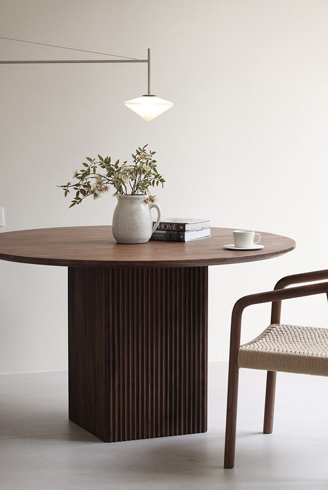 Round Top Square Leg Walnut Dining Table & Chairround dining table | wooden dining table | small dining table | dining wooden chair | wooden chair | dining table chairs | dining table.