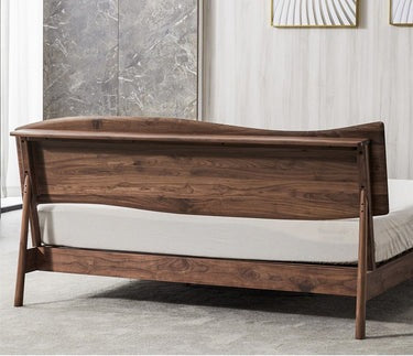 Walnut Wood Platform Bed Frame, Wave Design Black Walnut Wood Bed