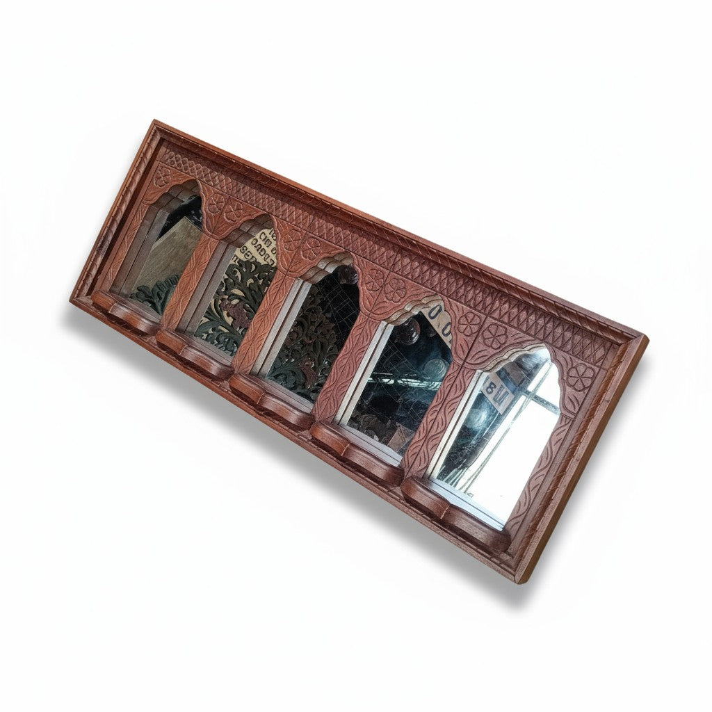 Wooden tray with four small mirrors on a white background