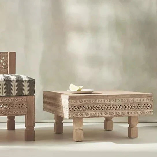 hand carved coffee table, mango wood coffee table, white coffee table, distressed white table, square coffee table, carved wood table, lattice coffee table, coastal table, shabby chic table, bohemian table, indian furniture, living room table, statement coffee table, handmade coffee table, artisan made table, premium wood table, quality furniture, durable table, sturdy table, timeless table, elegant table, ornate table, unique table, sculptural table, focal piece table, handcrafted in india, sustainable man