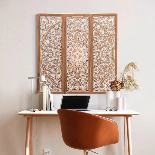 hand carved wall panel, mango wood wall art, triptych wall panel, natural wood panel, whitewashed panel, three panel wall art, square wall panel, jali carved panel, openwork wall hanging, lotus medallion panel, acanthus wall art, heritage wall art, indian furniture, living room wall art, bedroom wall decor, home office wall panel, decorative wall panel, handmade wall art, artisan made panel, premium wood art, quality wood decor, durable wall panel, solid wood panel, timeless wall art, elegant panel, stateme