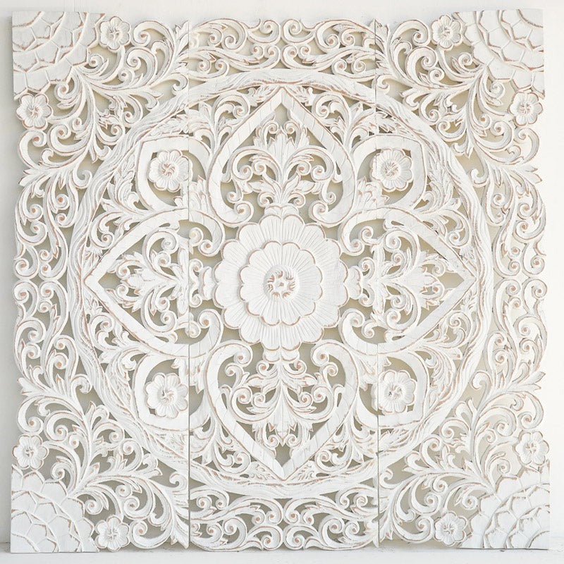 Whitewashed Mango Wood Wall Art | Hand-Carved Square Panel | 100x100cm