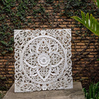 "Whitewashed mango wood square wall panel with hand-carved bohemian patterns"

