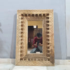 mango wood mirror, carved mirror, natural wood mirror, wall mirror, statement mirror, rustic mirror, architectural mirror, traditional mirror, handmade mirror, artisan mirror, premium mirror, quality mirror, durable mirror, elegant mirror, unique mirror, decorative mirror, focal piece mirror, handcrafted in india, sustainable mango wood, natural wood finish, honey wood, clear coating, hand carved frame, ball and spindle carving, scrolling foliage, basketweave pattern, brick pattern border, dimensional carvi