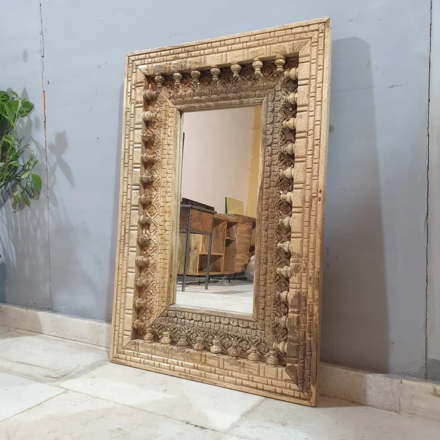 indian handcarved natural finish mirror frame
