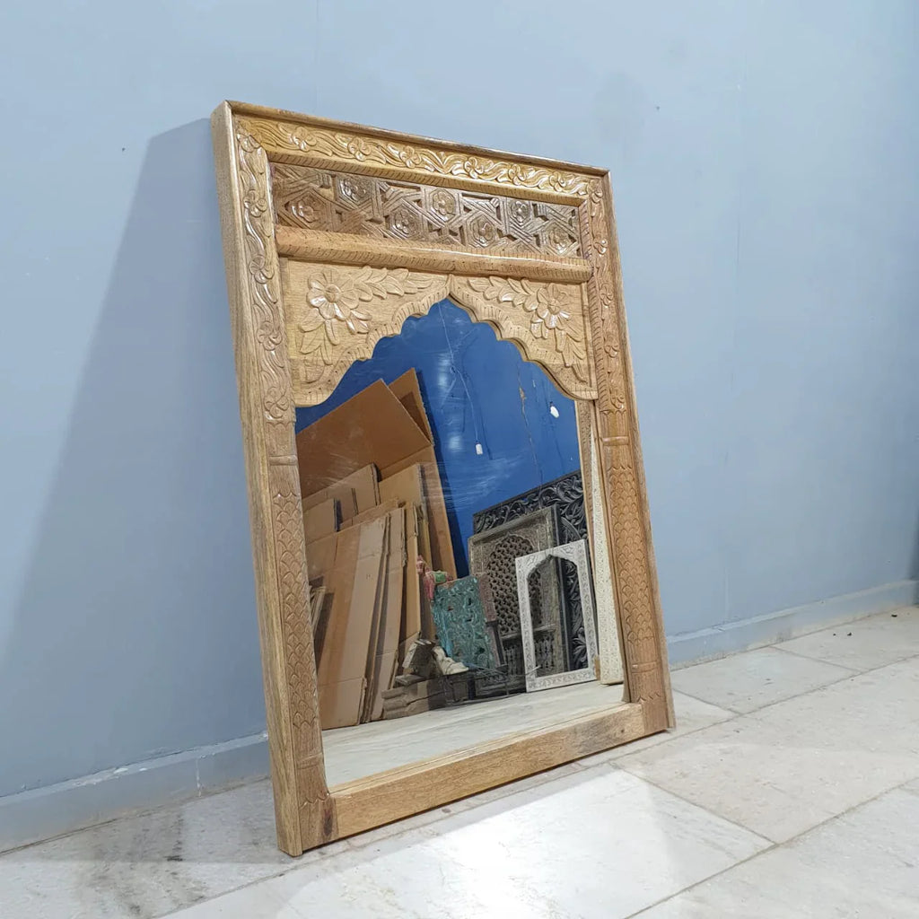 mango wood mirror, carved mirror, mehrab mirror, arched mirror, islamic mirror, moroccan mirror, natural wood mirror, wall mirror, statement mirror, architectural mirror, jali mirror, mughal mirror, traditional mirror, handmade mirror, artisan mirror, premium mirror, quality mirror, durable mirror, elegant mirror, unique mirror, decorative mirror, focal piece mirror, handcrafted in india, sustainable mango wood, natural wood finish, honey wood, clear coating, hand carved frame, mehrab arch, pointed arch, ja