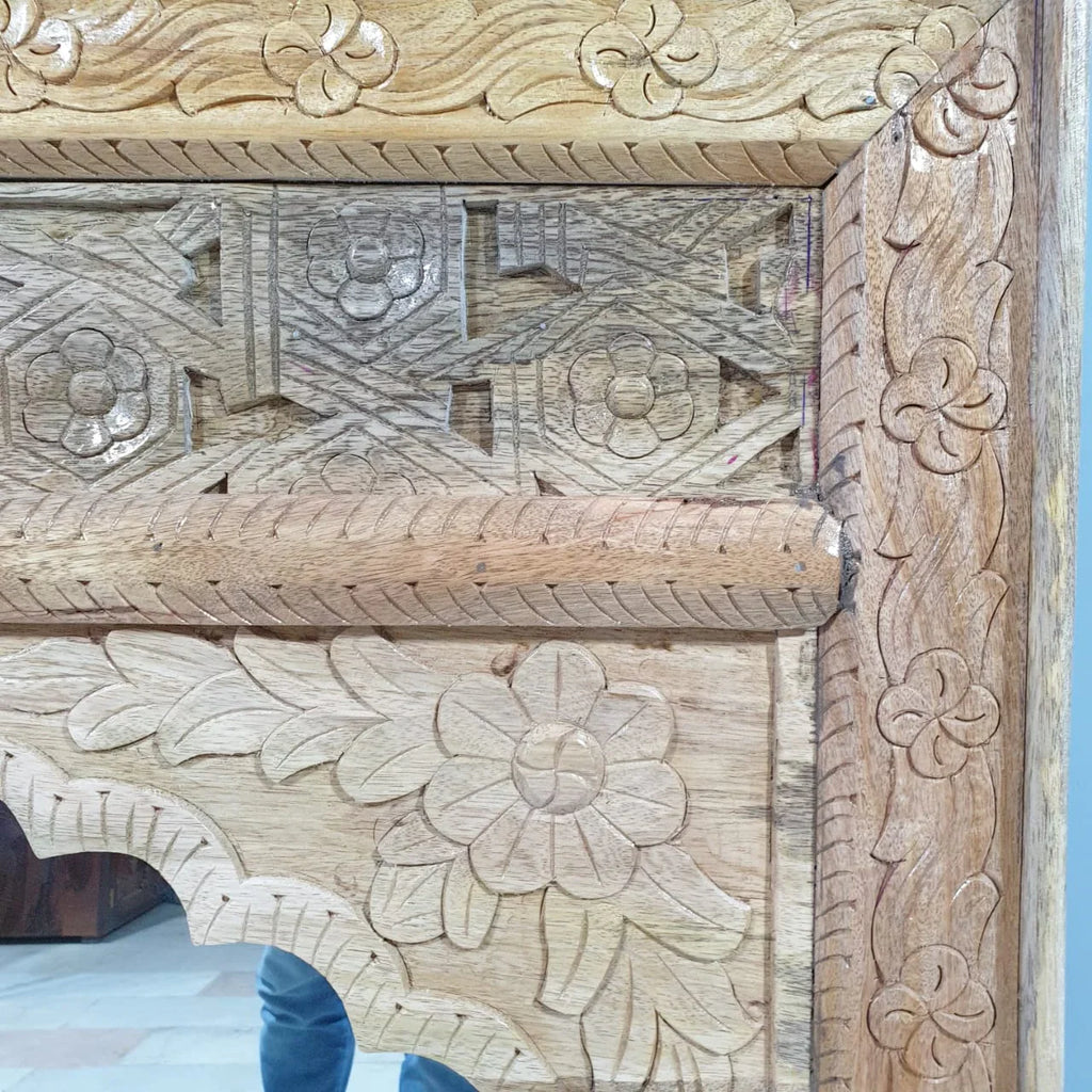 mango wood mirror, carved mirror, mehrab mirror, arched mirror, islamic mirror, moroccan mirror, natural wood mirror, wall mirror, statement mirror, architectural mirror, jali mirror, mughal mirror, traditional mirror, handmade mirror, artisan mirror, premium mirror, quality mirror, durable mirror, elegant mirror, unique mirror, decorative mirror, focal piece mirror, handcrafted in india, sustainable mango wood, natural wood finish, honey wood, clear coating, hand carved frame, mehrab arch, pointed arch, ja