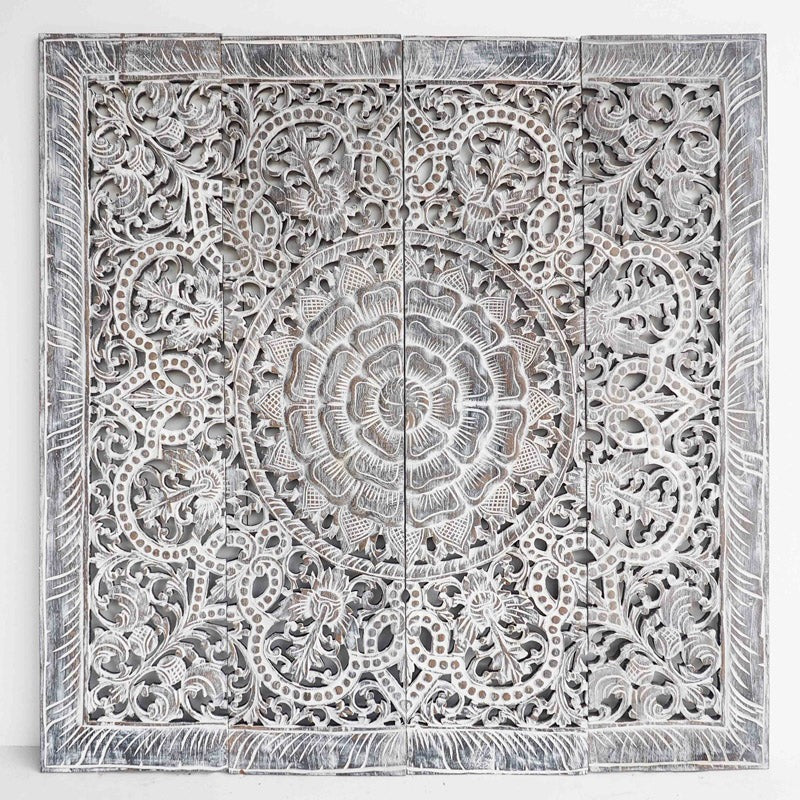 "120x120 cm whitewashed lotus carved wooden wall panel"

