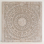 "Whitewashed carved mandala wood wall art panel 120x120 cm"

