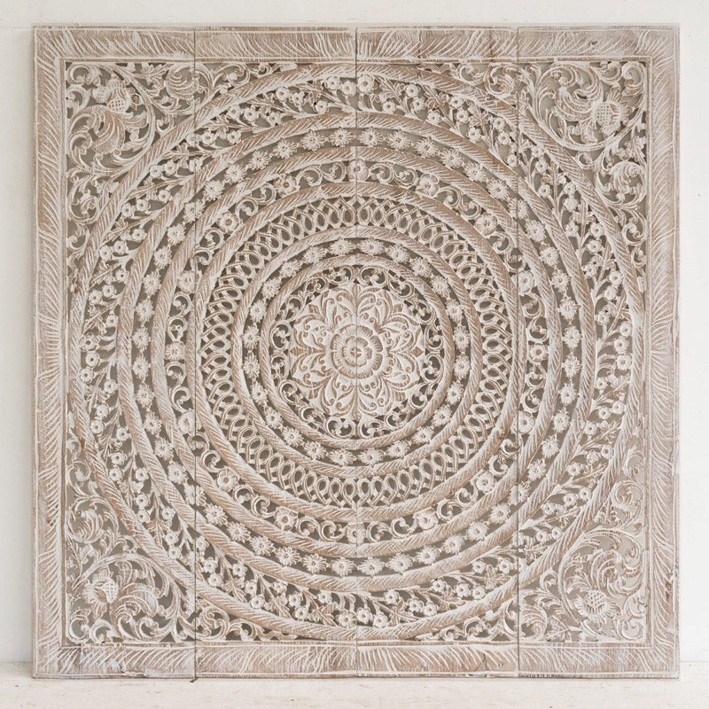 "Whitewashed carved mandala wood wall art panel 120x120 cm"


