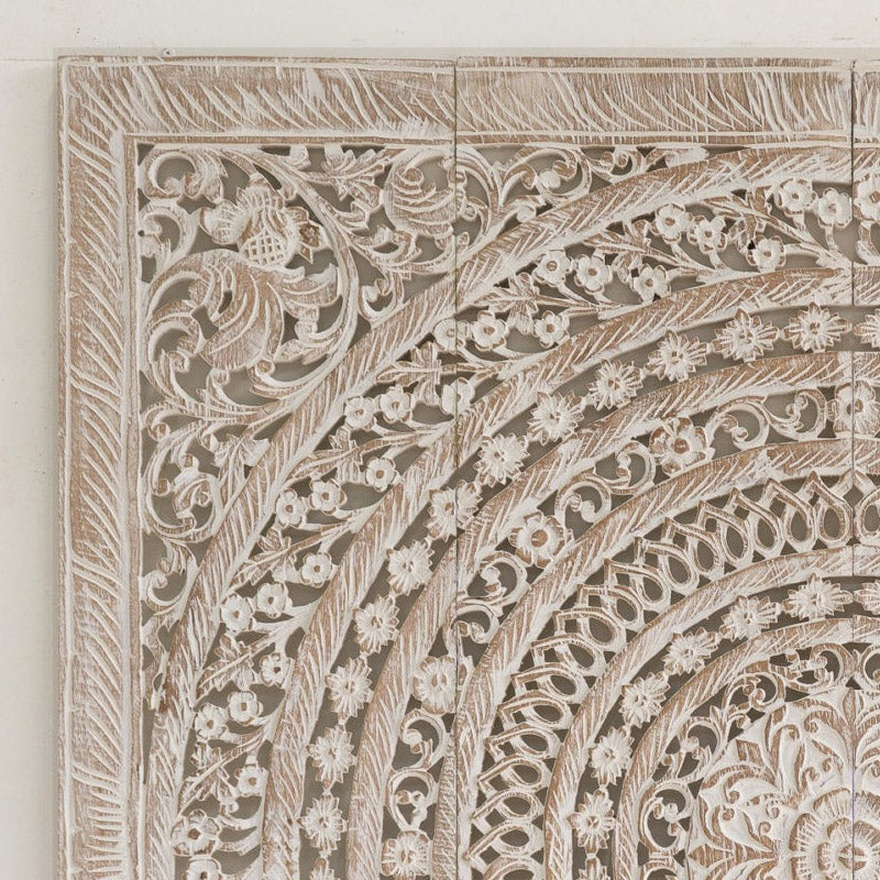 "Handcrafted mango wood headboard panel with floral carving"

