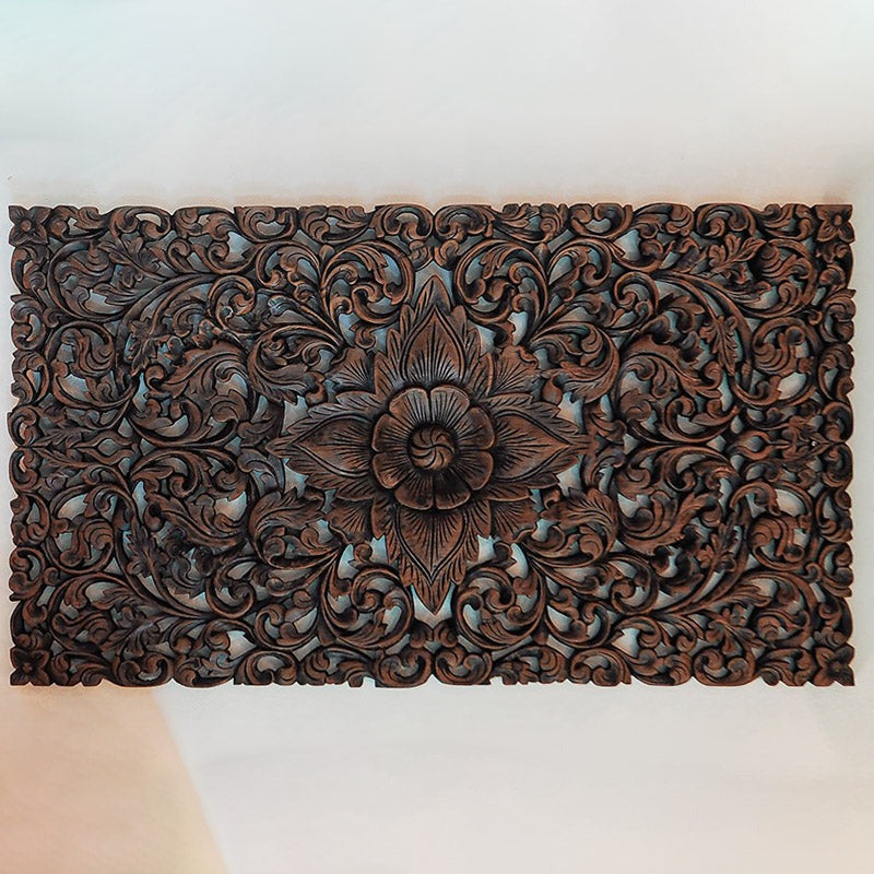 "Hand-carved mango wood headboard with walnut finish as wooden wall art decor"

